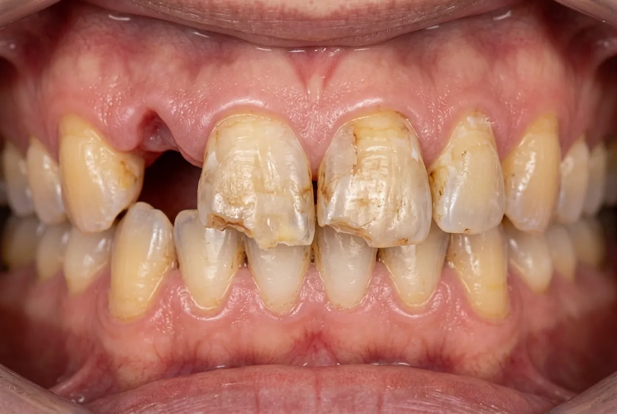 Worn chipped teeth before restorative dental bridge treatment Oakville